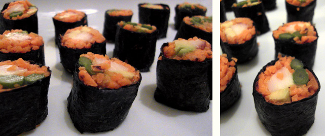 Low-Carb Sushi gefüllt mit Avocado, grünem Spargel und Räucherforelle